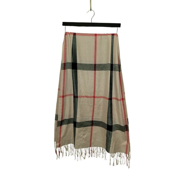 Plaid Fringe Shawl Scarf Beige & Black - Picture 1 of 5